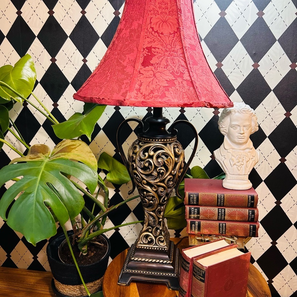 Luxury Vintage Black & Gold Table Lamp with Deep Burgundy Shade Baroque Moody